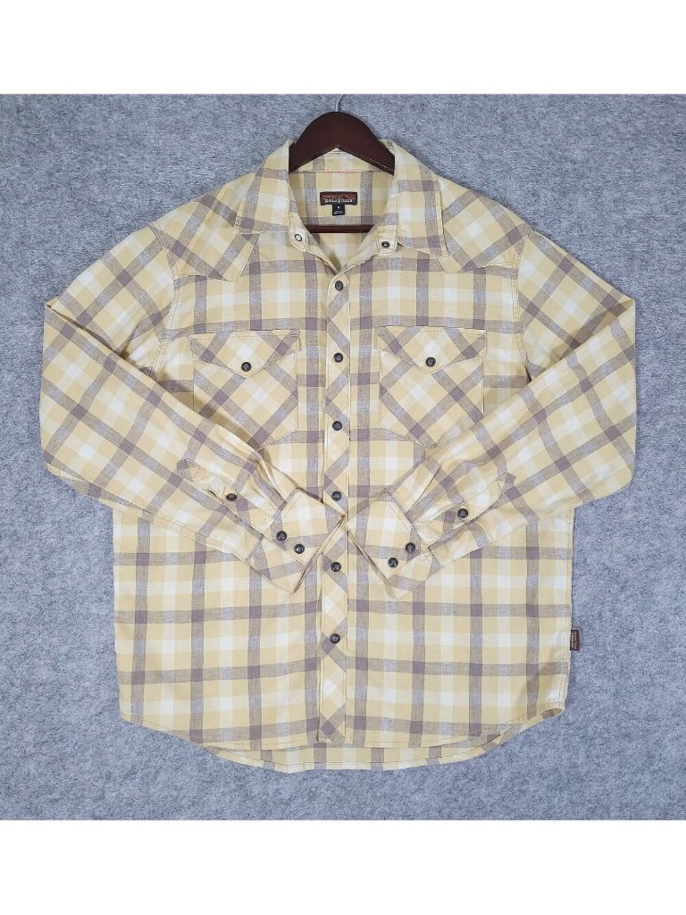 Patagonia Mens Medium Yellow Plaid Western Pearl Snap Shirt Hemp Blend Gorpcore